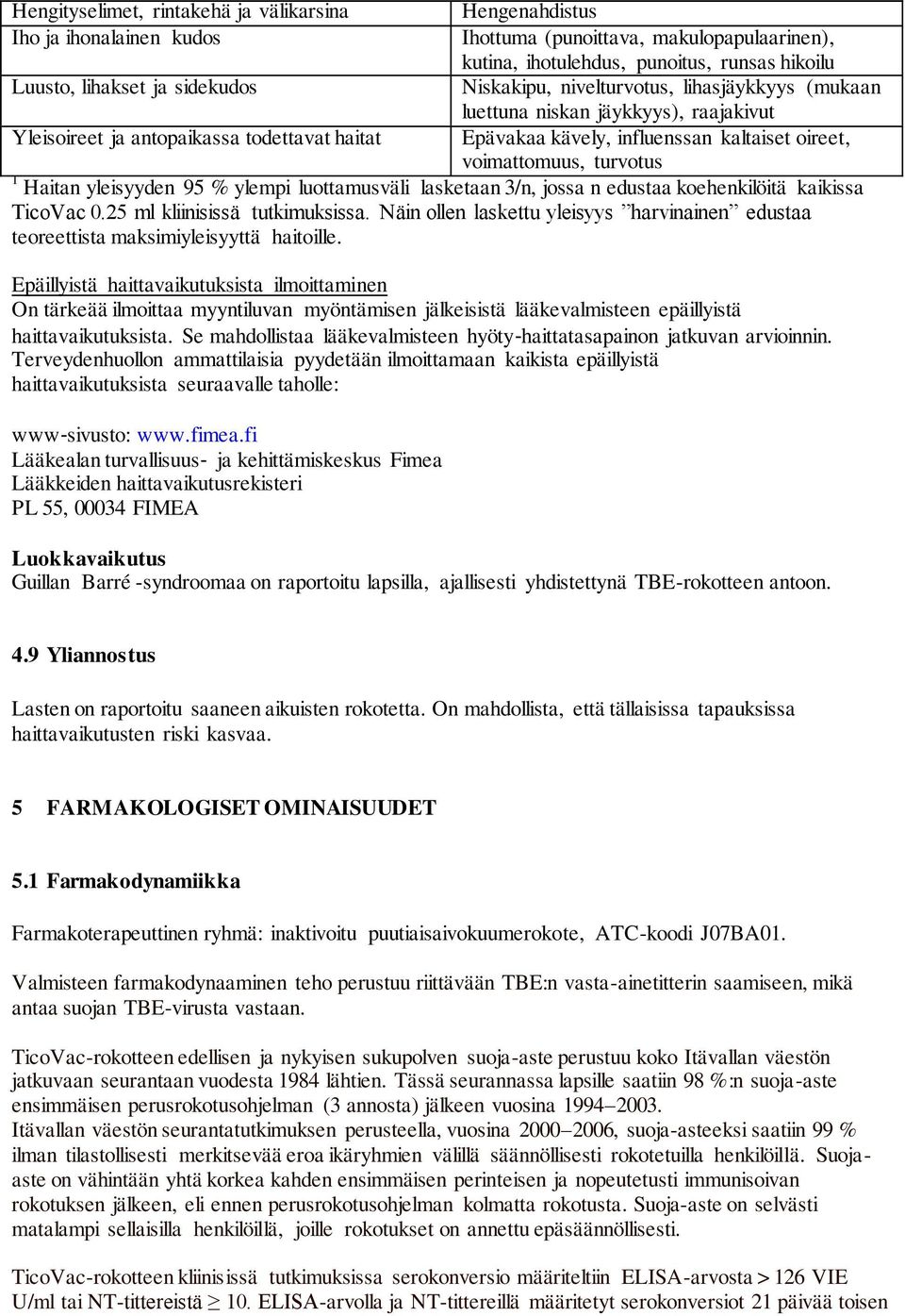 turvotus 1 Haitan yleisyyden 95 % ylempi luottamusväli lasketaan 3/n, jossa n edustaa koehenkilöitä kaikissa TicoVac 0.25 ml kliinisissä tutkimuksissa.