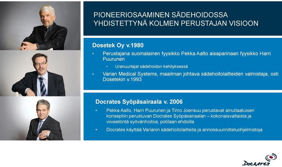 johtava sädehoitolaitteiden valmistaja, osti Dosetekin v.1993 Docrates Syöpäsairaala v.