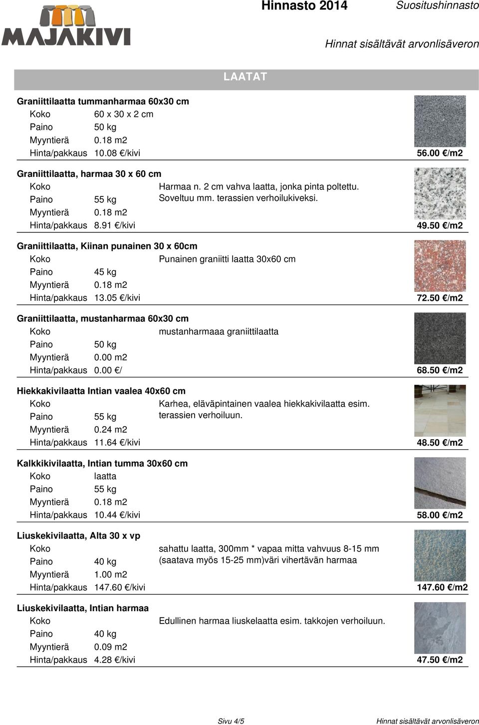 50 /m2 Graniittilaatta, mustanharmaa 60x30 cm mustanharmaaa graniittilaatta 50 kg 0.00 m2 Hinta/pakkaus 0.00 / 68.