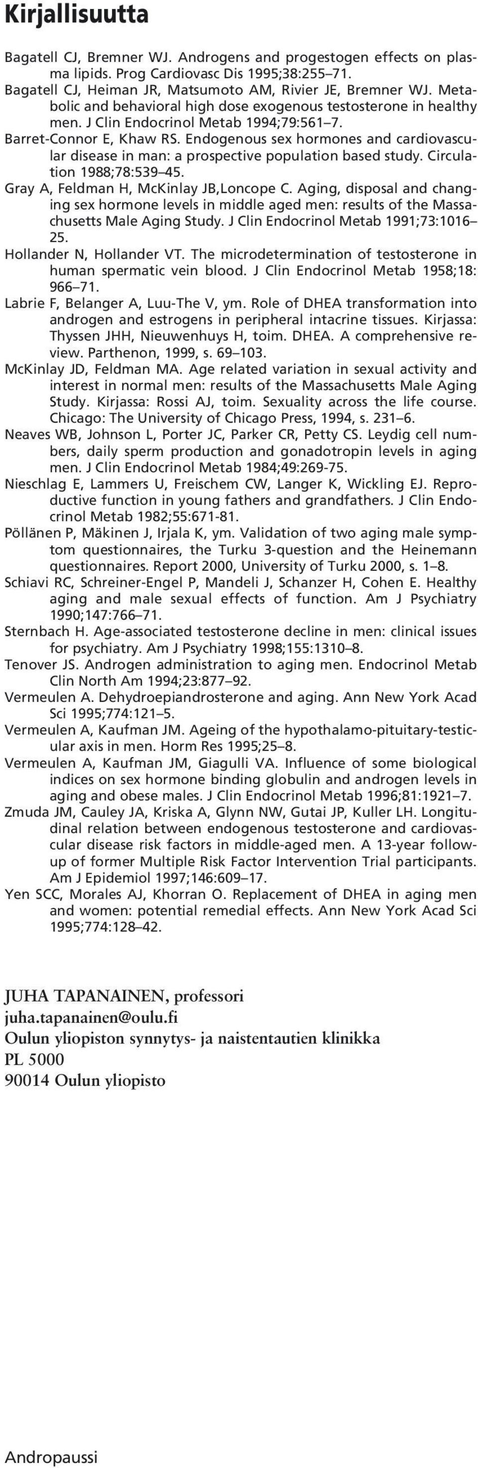Endogenous sex hormones and cardiovascular disease in man: a prospective population based study. Circulation 1988;78:539 45. Gray A, Feldman H, McKinlay JB,Loncope C.