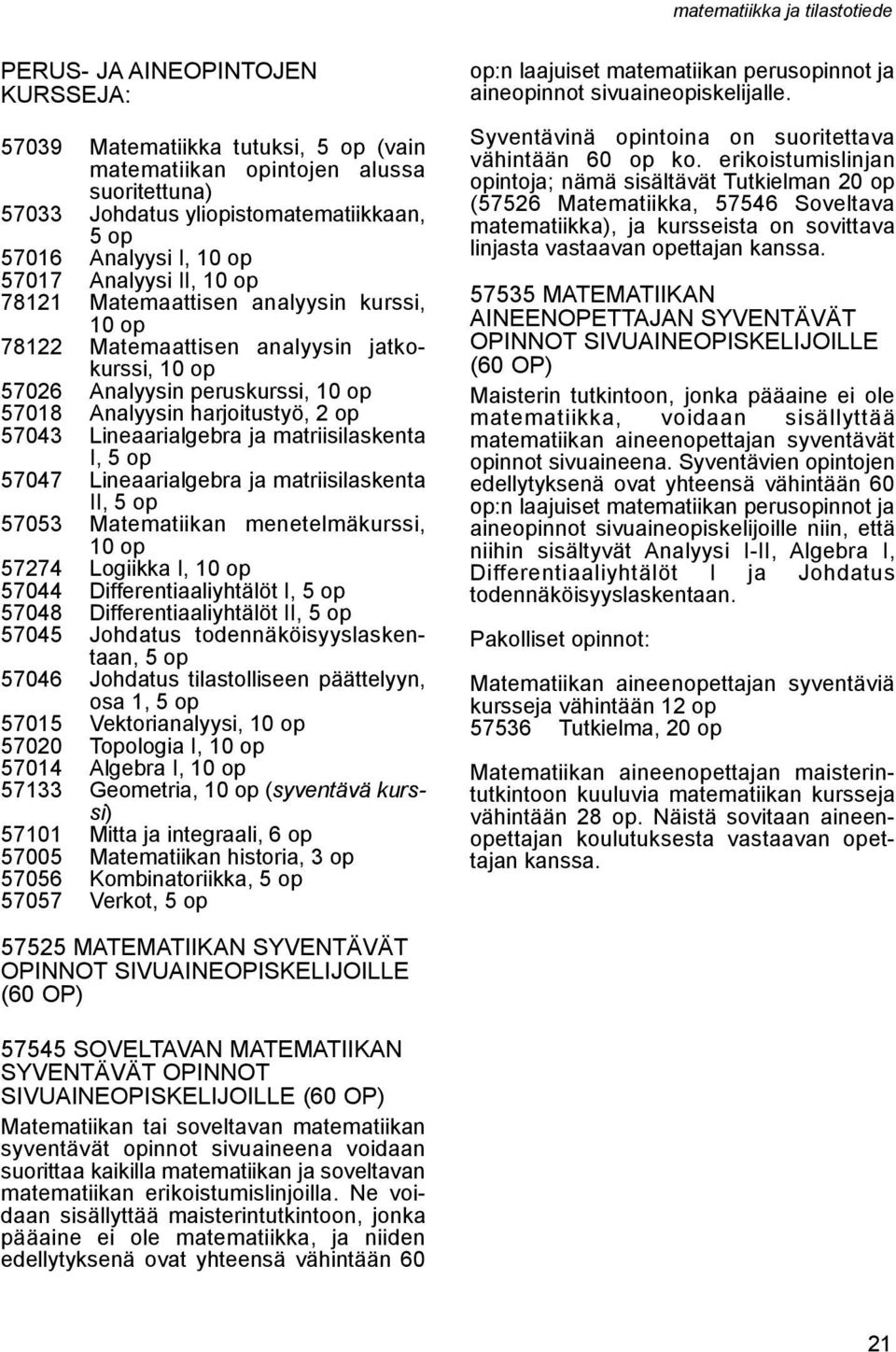 matriisilaskenta I, 57047 Lineaarialgebra ja matriisilaskenta II, 57053 Matematiikan menetelmäkurssi, 10 op 57274 Logiikka I, 10 op 57044 Differentiaaliyhtälöt I, 57048 Differentiaaliyhtälöt II,