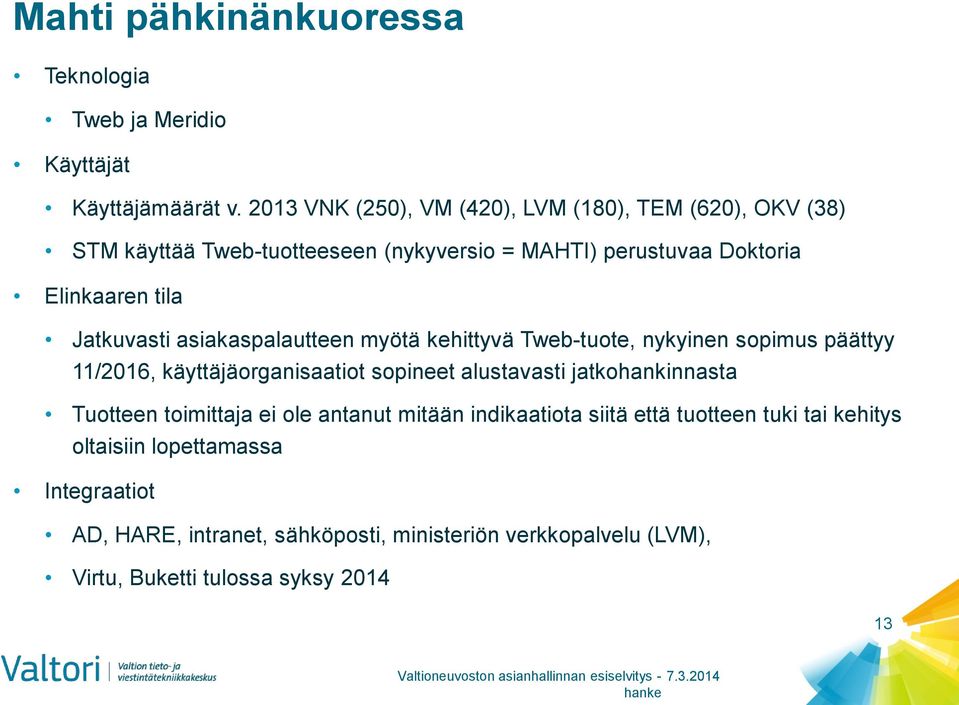 asiakaspaautteen myötä kehittyvä Tweb-tuote, nykyinen sopimus päättyy 11/2016, käyttäjäorganisaatiot sopineet austavasti jatkohankinnasta Tuotteen toimittaja