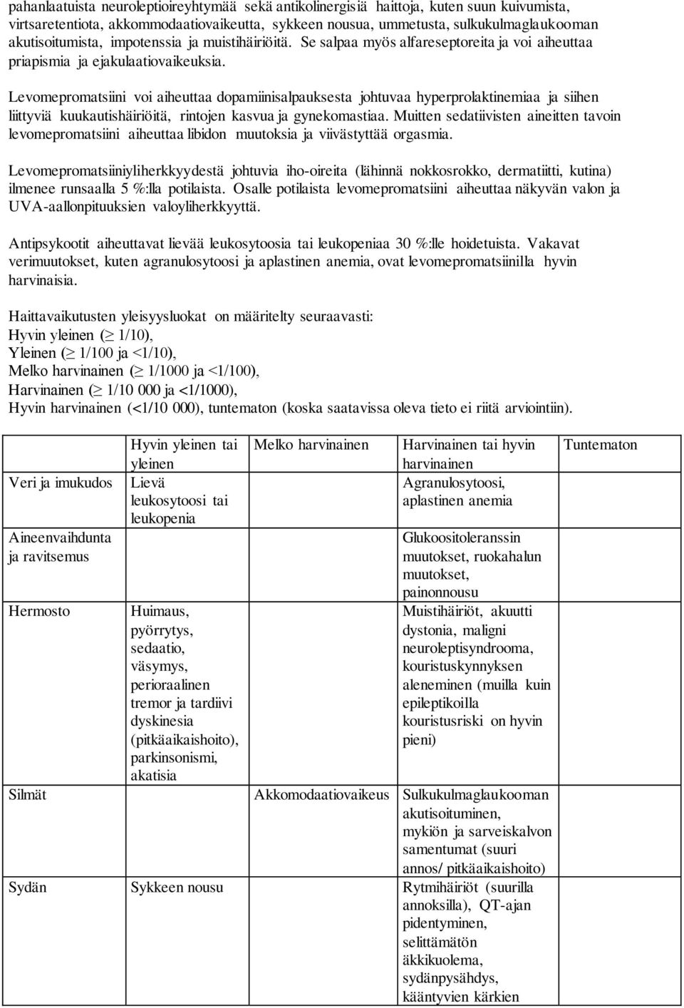 Levomepromatsiini voi aiheuttaa dopamiinisalpauksesta johtuvaa hyperprolaktinemiaa ja siihen liittyviä kuukautishäiriöitä, rintojen kasvua ja gynekomastiaa.