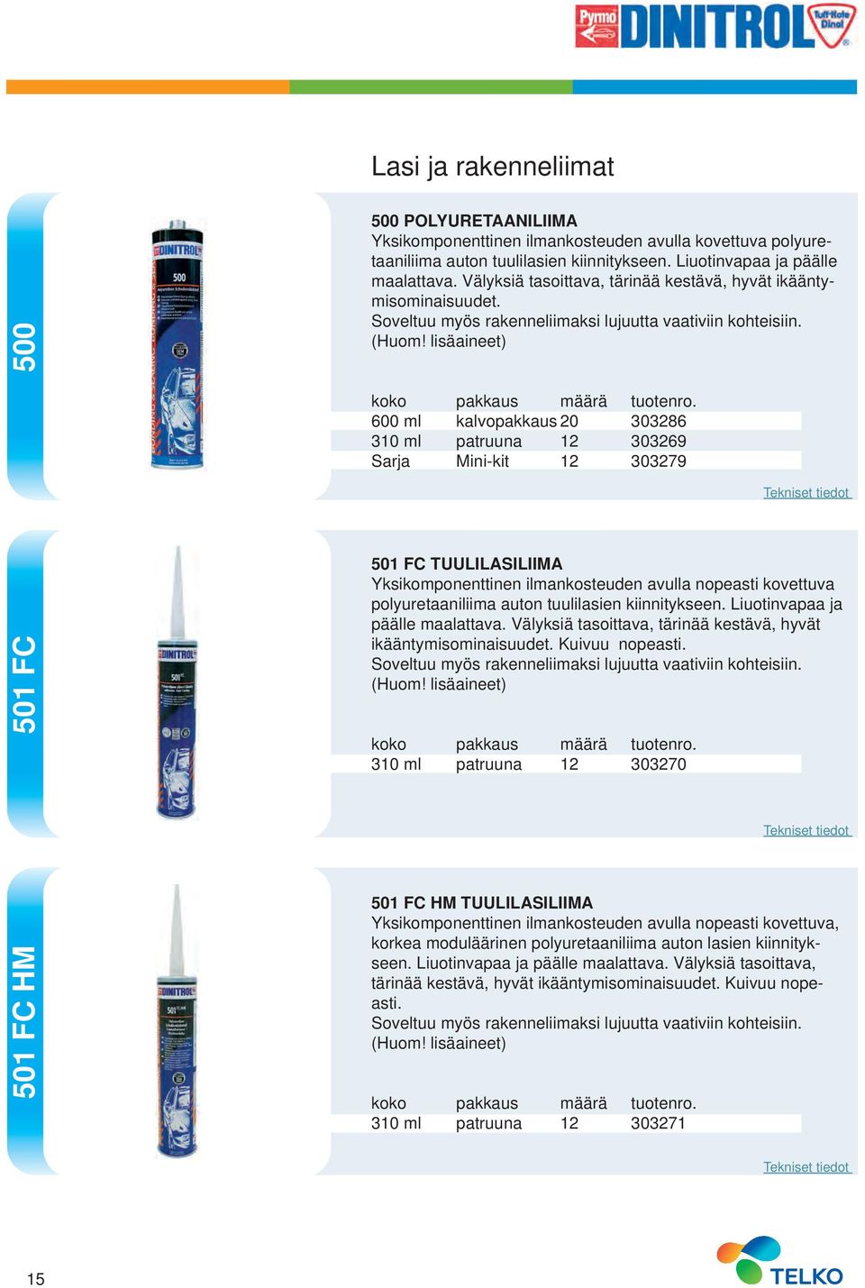 lisäaineet) 600 ml kalvopakkaus 20 303286 310 ml patruuna 12 303269 Sarja Mini-kit 12 303279 501 FC TUULILASILIIMA Yksikomponenttinen ilmankosteuden avulla nopeasti kovettuva polyuretaaniliima auton