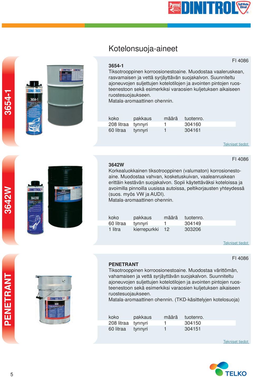208 litraa tynnyri 1 304160 60 litraa tynnyri 1 304161 3642W FI 4086 3642W Korkealuokkainen tiksotrooppinen (valumaton) korrosionestoaine.