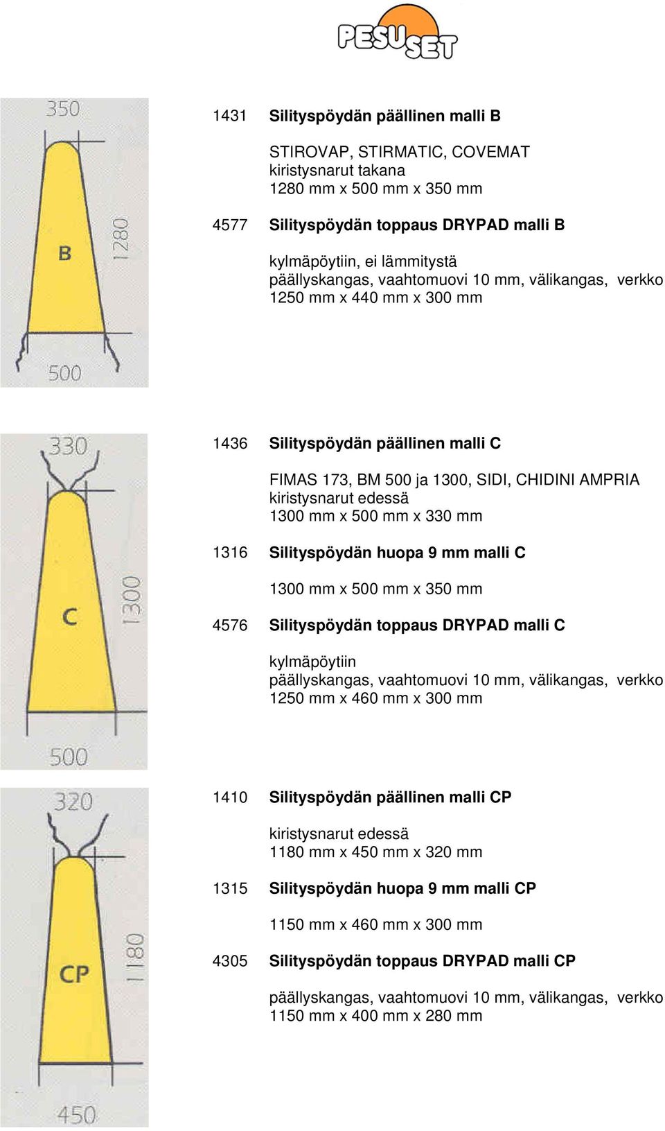 Silityspöydän huopa 9 mm malli C 1300 mm x 500 mm x 350 mm 4576 Silityspöydän toppaus DRYPAD malli C kylmäpöytiin 1250 mm x 460 mm x 300 mm 1410 Silityspöydän päällinen malli