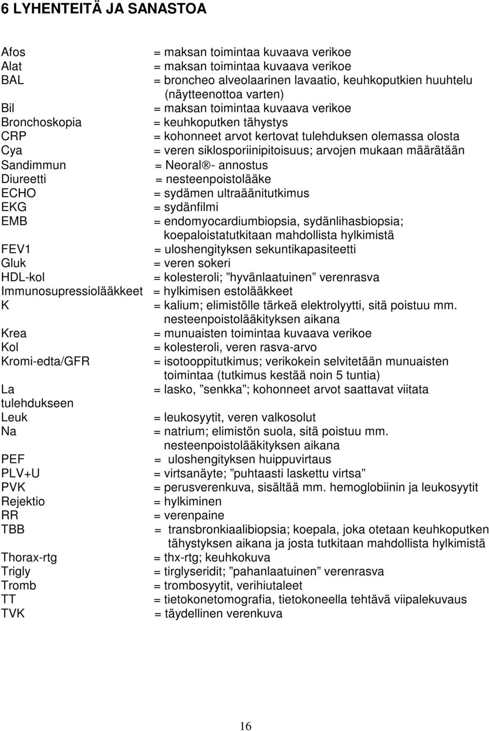 Sandimmun = Neoral - annostus Diureetti = nesteenpoistolääke ECHO = sydämen ultraäänitutkimus EKG = sydänfilmi EMB = endomyocardiumbiopsia, sydänlihasbiopsia; koepaloistatutkitaan mahdollista