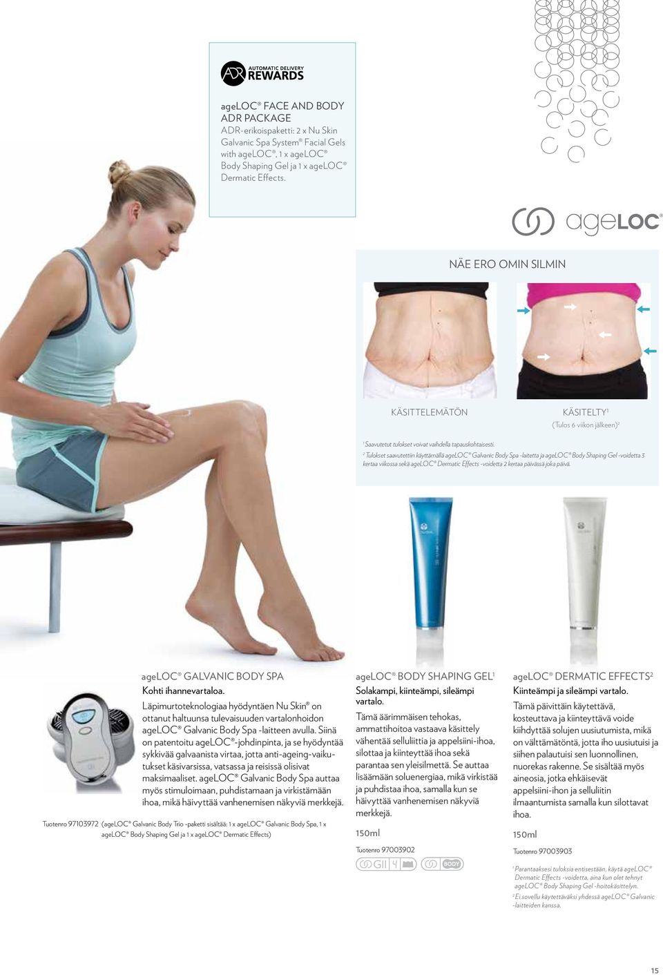 2 Tulokset saavutettiin käyttämällä ageloc Galvanic Body Spa -laitetta ja ageloc Body Shaping Gel -voidetta 3 kertaa viikossa sekä ageloc Dermatic Effects -voidetta 2 kertaa päivässä joka päivä.