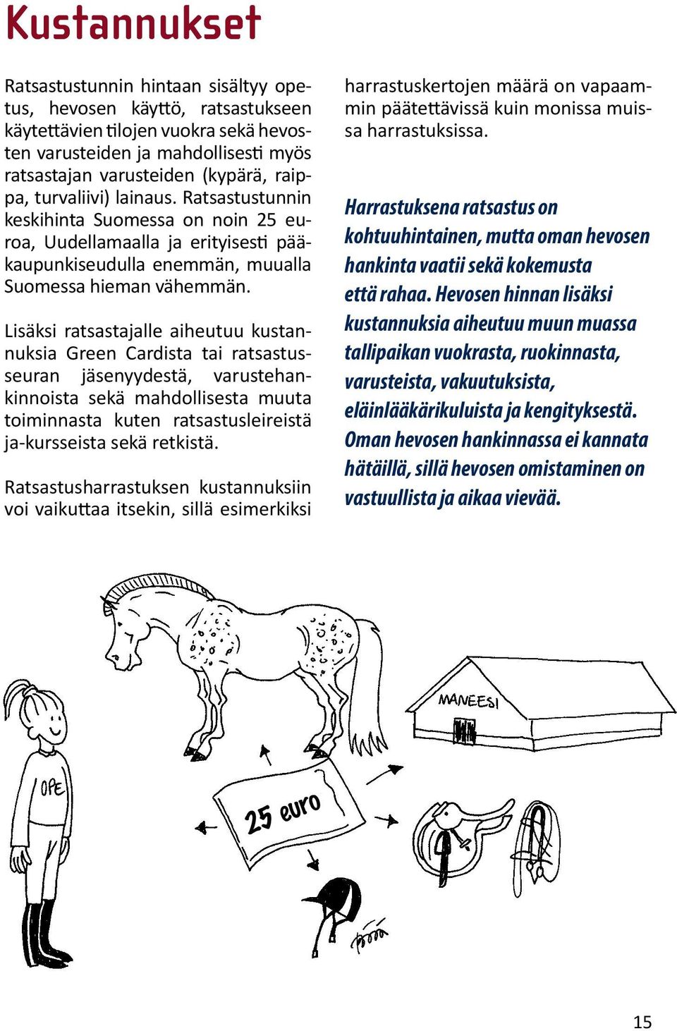 Lisäksi ratsastajalle aiheutuu kustannuksia Green Cardista tai ratsastusseuran jäsenyydestä, varustehankinnoista sekä mahdollisesta muuta toiminnasta kuten ratsastusleireistä ja-kursseista sekä