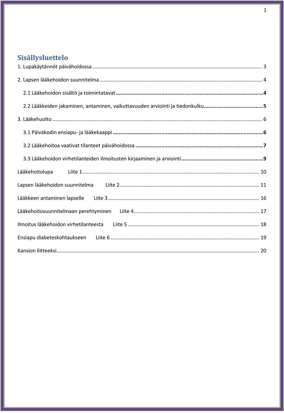 3 Lääkehoidon virhetilanteiden ilmoitusten kirjaaminen ja arviointi... 9 Lääkehoitolupa Liite 1... 10 Lapsen lääkehoidon suunnitelma Liite 2.