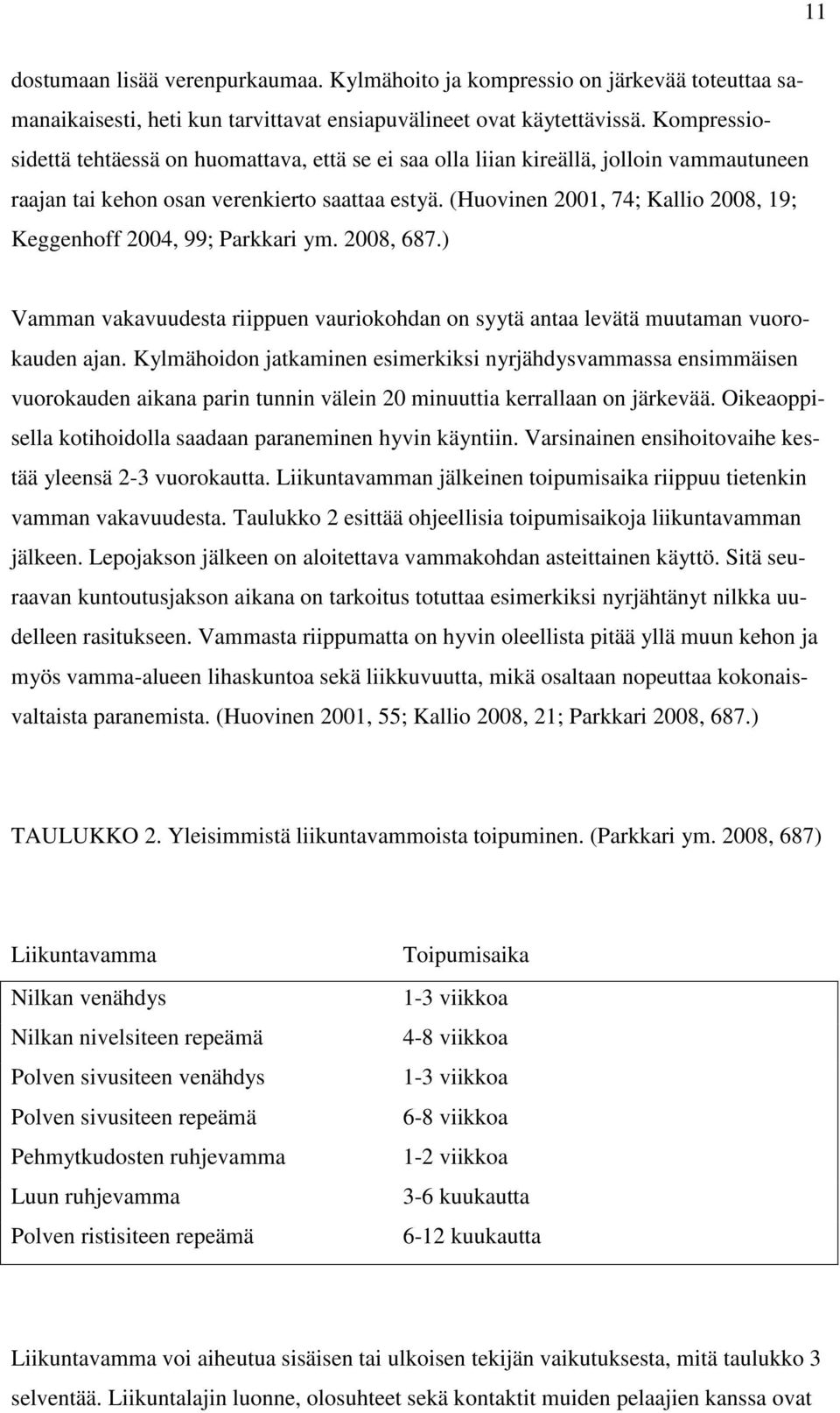 (Huovinen 2001, 74; Kallio 2008, 19; Keggenhoff 2004, 99; Parkkari ym. 2008, 687.) Vamman vakavuudesta riippuen vauriokohdan on syytä antaa levätä muutaman vuorokauden ajan.