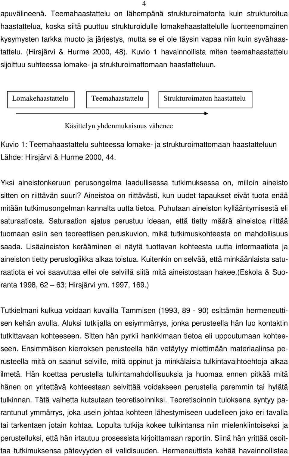 se ei ole täysin vapaa niin kuin syvähaastattelu. (Hirsjärvi & Hurme 2000, 48). Kuvio 1 havainnollista miten teemahaastattelu sijoittuu suhteessa lomake- ja strukturoimattomaan haastatteluun.