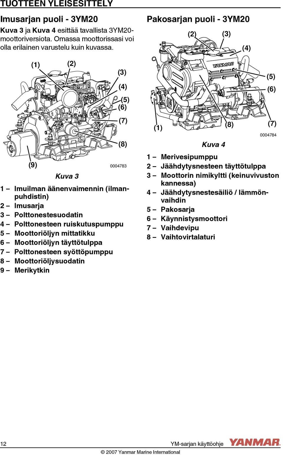 Polttonestesuodatin 4 Polttonesteen ruiskutuspumppu 5 Moottoriöljyn mittatikku 6 Moottoriöljyn täyttötulppa 7 Polttonesteen syöttöpumppu 8 Moottoriöljysuodatin 9 Merikytkin 1