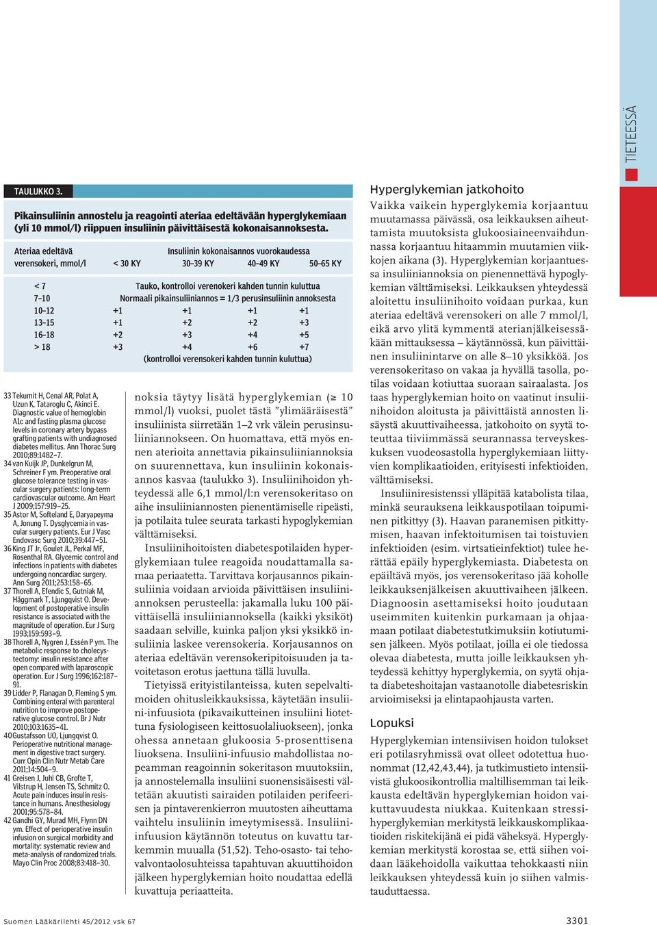 = 1/3 perusinsuliinin annoksesta 10 12 +1 +1 +1 +1 13 15 +1 +2 +2 +3 16 18 +2 +3 +4 +5 > 18 +3 +4 +6 +7 (kontrolloi verensokeri kahden tunnin kuluttua) 33 Tekumit H, Cenal AR, Polat A, Uzun K,