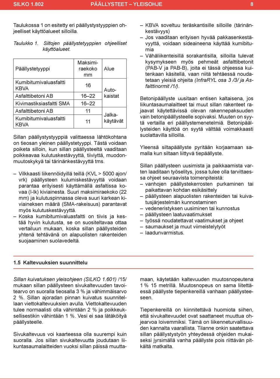 Maksimiraekoko mm 16 Asfalttibetoni AB 16 22 Kivimastiksiasfaltti SMA 16 22 Asfalttibetoni AB 11 Kumibitumivaluasfaltti KBVA 11 Alue Autokaistat Jalkakäytävät Sillan päällystystyyppiä valittaessa