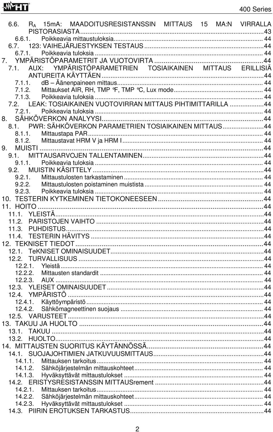 Mittaukset AIR, RH, TMP F, TMP C, Lux mode... 44 7.1.3. Poikkeavia tuloksia... 44 7.2. LEAK: TOSIAIKAINEN VUOTOVIRRAN MITTAUS PIHTIMITTARILLA...44 7.2.1. Poikkeavia tuloksia... 44 8.