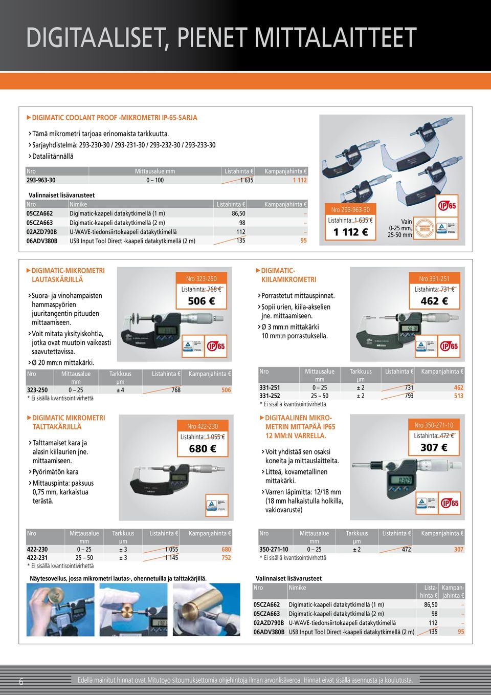 datakytkimellä (1 m) 86,50 05CZA663 Digimatic-kaapeli datakytkimellä (2 m) 98 02AZD790B U-WAVE-tiedonsiirtokaapeli datakytkimellä 112 06ADV380B USB Input Tool Direct -kaapeli datakytkimellä (2 m) 135