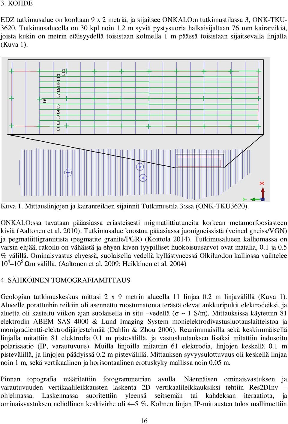 Mittauslinjojen ja kairanreikien sijainnit Tutkimustila 3:ssa (ONK-TKU3620). ONKALO:ssa tavataan pääasiassa eriasteisesti migmatiittiutuneita korkean metamorfoosiasteen kiviä (Aaltonen et al. 2010).