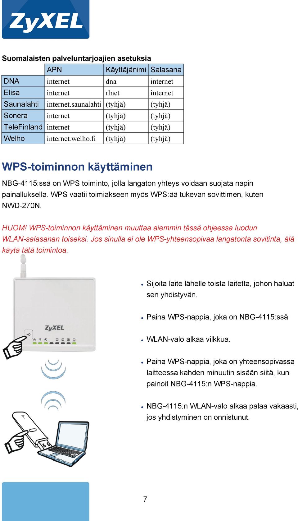 fi (tyhjä) (tyhjä) WPS-toiminnon käyttäminen NBG-4115:ssä on WPS toiminto, jolla langaton yhteys voidaan suojata napin painalluksella.