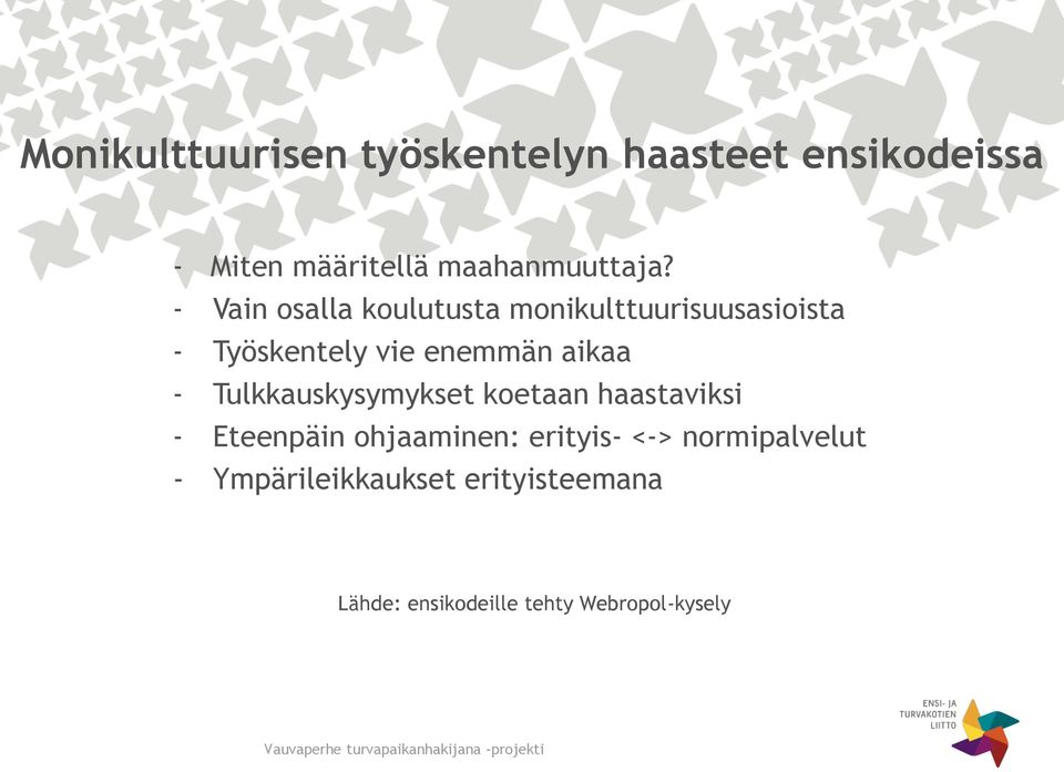 - Vain osalla koulutusta monikulttuurisuusasioista - Työskentely vie enemmän aikaa -