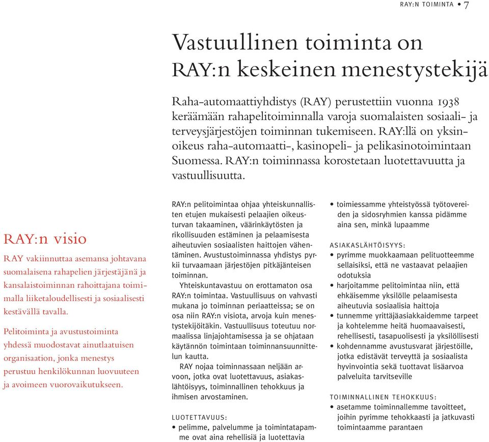 RAY:n visio RAY vakiinnuttaa asemansa johtavana suomalaisena rahapelien järjestäjänä ja kansalaistoiminnan rahoittajana toimimalla liiketaloudellisesti ja sosiaalisesti kestävällä tavalla.