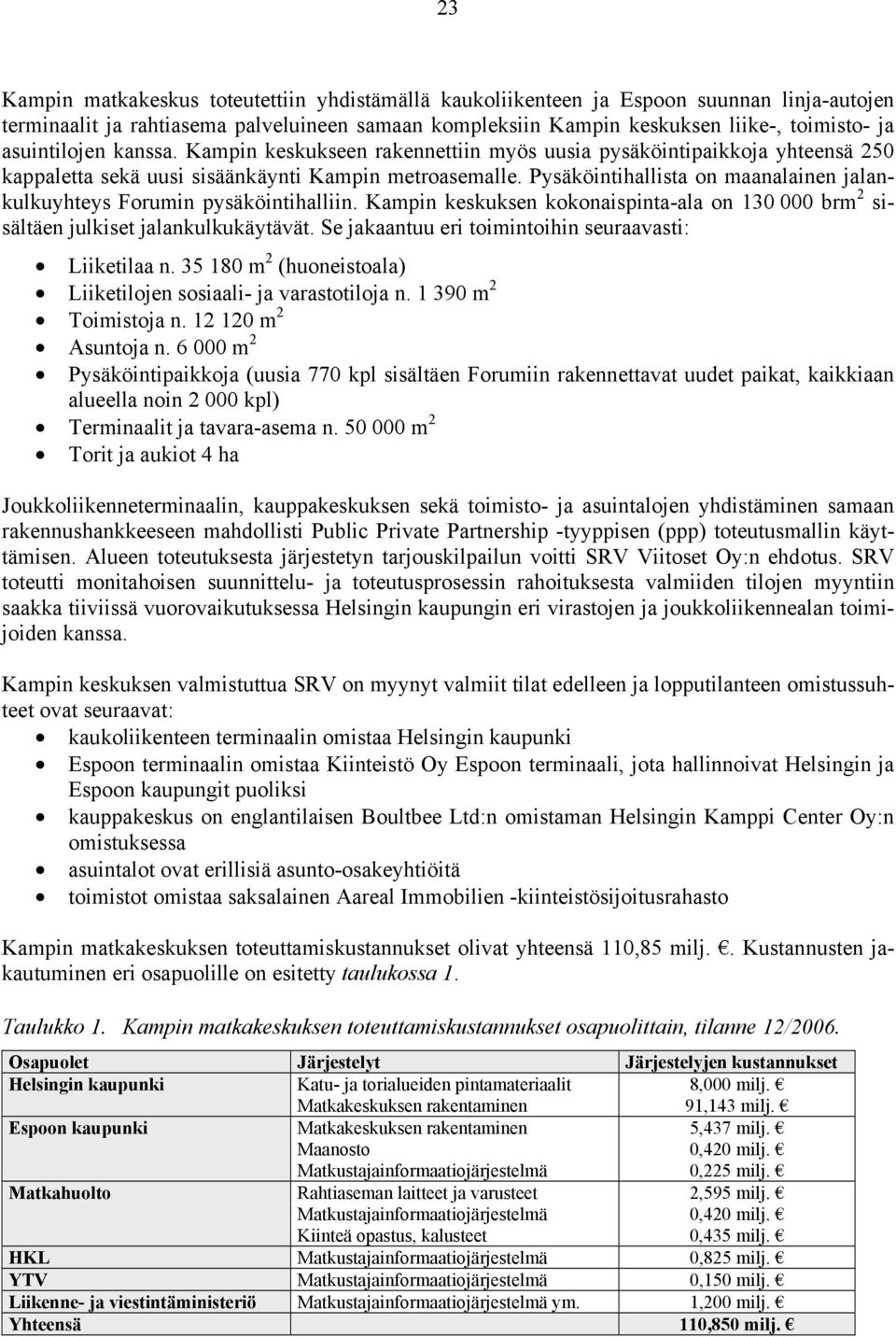 Pysäköintihallista on maanalainen jalankulkuyhteys Forumin pysäköintihalliin. Kampin keskuksen kokonaispinta-ala on 130 000 brm 2 sisältäen julkiset jalankulkukäytävät.