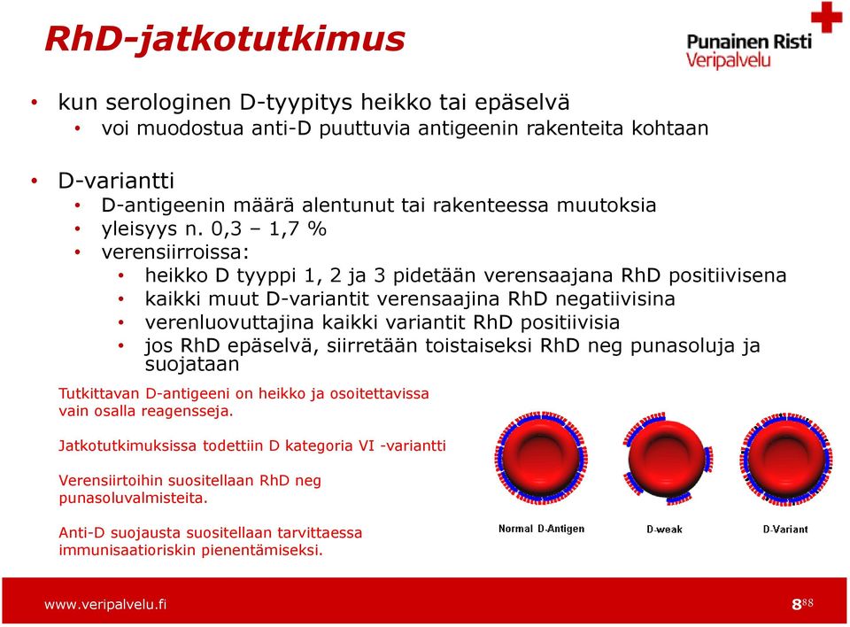 0,3 1,7 % verensiirroissa: heikko D tyyppi 1, 2 ja 3 pidetään verensaajana RhD positiivisena kaikki muut D-variantit verensaajina RhD negatiivisina verenluovuttajina kaikki variantit RhD