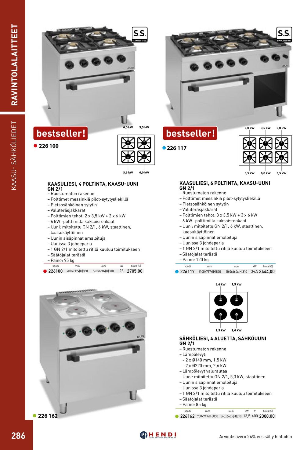 tehot: 3 x 3,5 kw + 3 x 6 kw 6 kw -polttimilla kaksoisrenkaat 6 kw -polttimilla kaksoisrenkaat Uuni: mitoitettu GN 2/1, 6 kw, staattinen, Uuni: mitoitettu GN 2/1, 6 kw, staattinen, kaasukäyttöinen