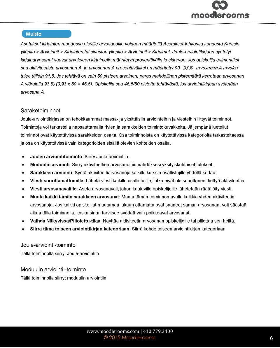 Jos opiskelija esimerkiksi saa aktiviteetista arvosanan A, ja arvosanan A prosenttiväliksi on määritetty 90 93 %, arvosanan A arvoksi tulee tällöin 91,5.