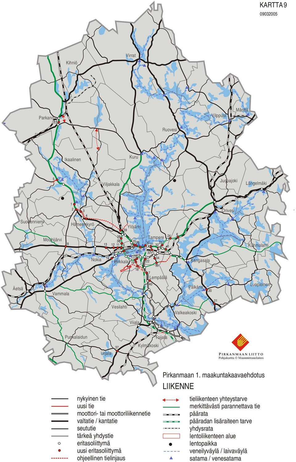 Toijala Urjala 37 Kylmäkoski P IRKANMAAN LIITTO Pohjakartta Maanmittauslaitos nykyinen tie uusi tie moottori- tai moottoriliikennetie valtatie / kantatie seututie tärkeä yhdystie eritasoliittymä uusi
