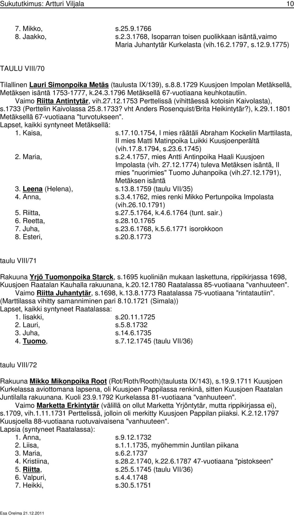 1753 Perttelissä (vihittäessä kotoisin Kaivolasta), s.1733 (Perttelin Kaivolassa 25.8.1733? vht Anders Rosenquist/Brita Heikintytär?), k.29.1.1801 Metäksellä 67-vuotiaana "turvotukseen".