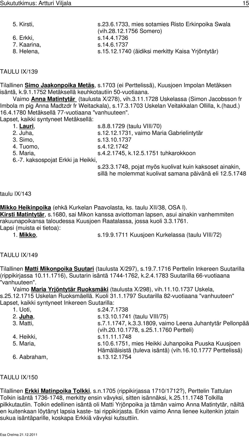 1728 Uskelassa (Simon Jacobsson fr Imbola m pig Anna Madtzdr fr Weitackala), s.17.3.1703 Uskelan Veitakkalan Ollilla, k.(haud.) 16.4.1780 Metäksellä 77-vuotiaana "vanhuuteen".
