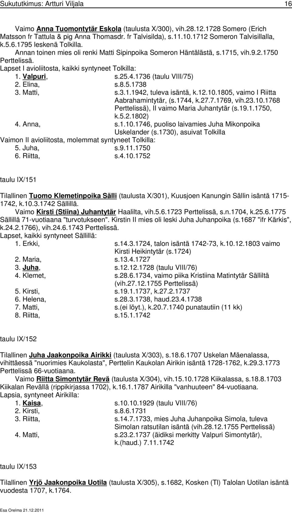 Lapset I avioliitosta, kaikki syntyneet Tolkilla: 1. Valpuri, s.25.4.1736 (taulu VIII/75) 2. Elina, s.8.5.1738 3. Matti, s.3.1.1942, tuleva isäntä, k.12.10.1805, vaimo I Riitta Aabrahamintytär, (s.