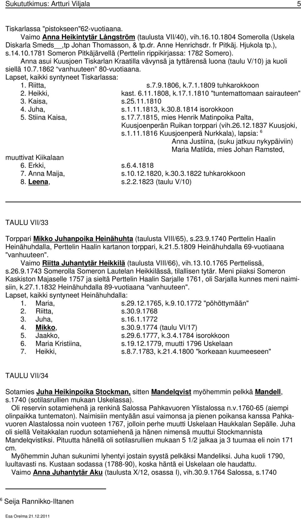 Anna asui Kuusjoen Tiskarlan Kraatilla vävynsä ja tyttärensä luona (taulu V/10) ja kuoli siellä 10.7.1862 vanhuuteen 80-vuotiaana. Lapset, kaikki syntyneet Tiskarlassa: 1. Riitta, s.7.9.1806, k.7.1.1809 tuhkarokkoon 2.
