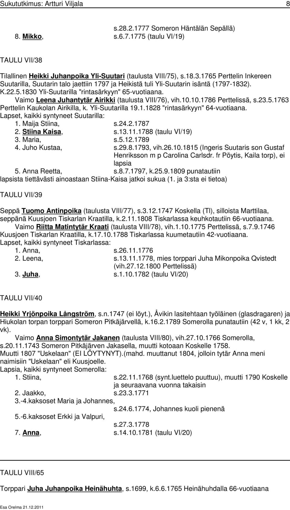 Vaimo Leena Juhantytär Airikki (taulusta VIII/76), vih.10.10.1786 Perttelissä, s.23.5.1763 Perttelin Kaukolan Airikilla, k. Yli-Suutarilla 19.1.1828 "rintasärkyyn" 64-vuotiaana.