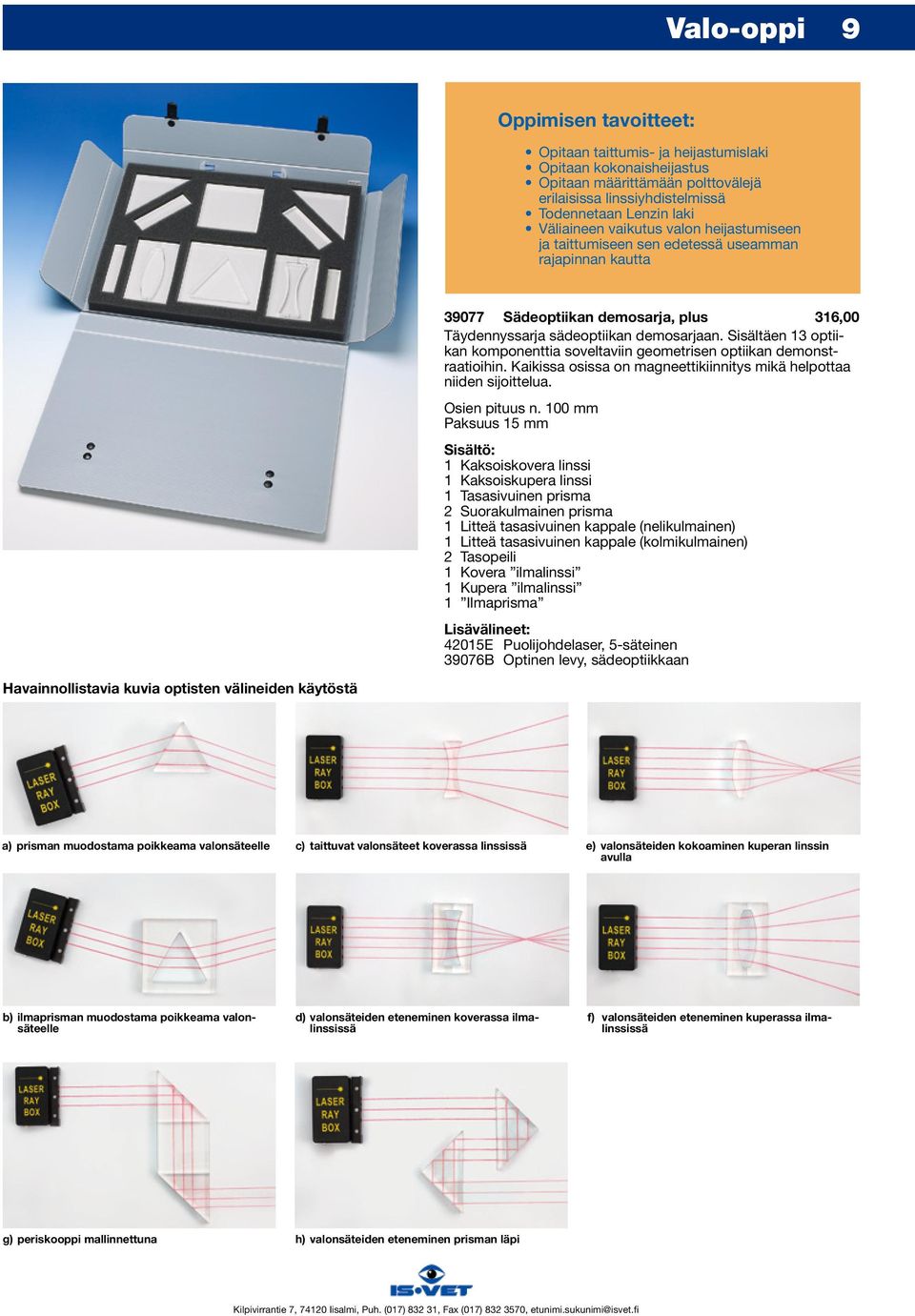 Sisältäen 13 optiikan komponenttia soveltaviin geometrisen optiikan demonstraatioihin. Kaikissa osissa on magneettikiinnitys mikä helpottaa niiden sijoittelua. Osien pituus n.