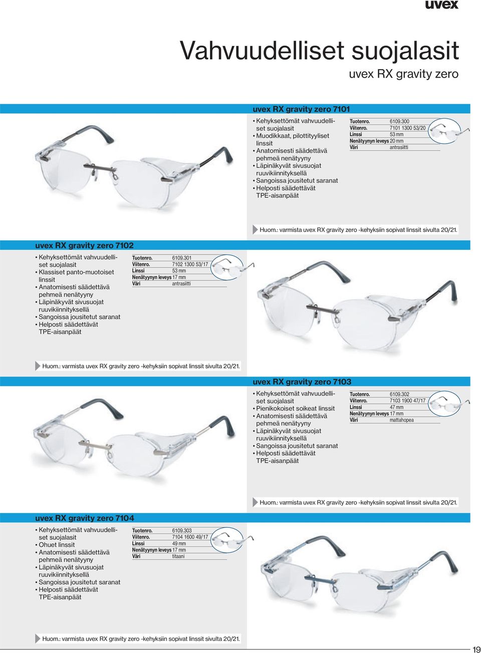 7101 1300 53/20 53 mm enätyynyn leveys 20 mm antrasiitti uvex RX gravity zero 7102 Kehyksettömät vahvuudelliset suojalasit Klassiset panto-muotoiset linssit Anatomisesti säädettävä pehmeä nenätyyny