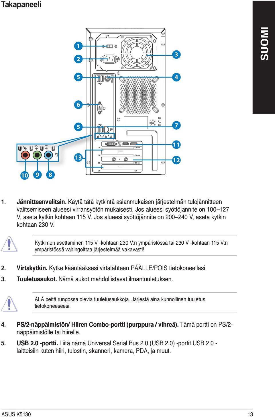 Kytkimen asettaminen 115 V -kohtaan 230 V:n ympäristössä tai 230 V -kohtaan 115 V:n ympäristössä vahingoittaa järjestelmää vakavasti! 2. Virtakytkin.