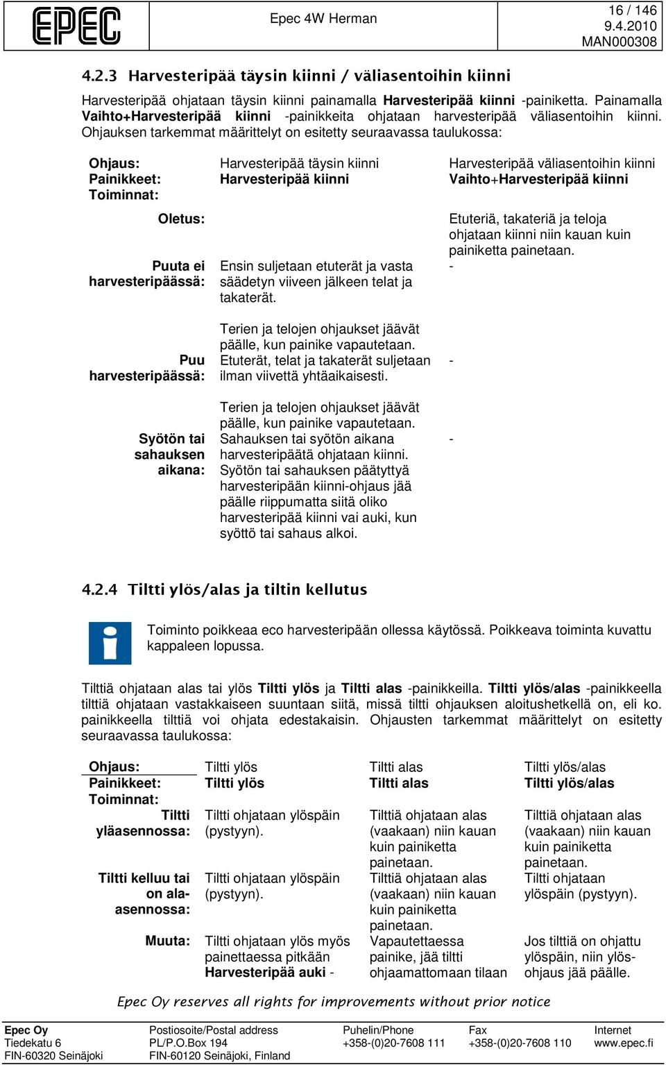 Ohjauksen tarkemmat määrittelyt on esitetty seuraavassa taulukossa: Ohjaus: Harvesteripää täysin kiinni Harvesteripää väliasentoihin kiinni Painikkeet: Harvesteripää kiinni Vaihto+Harvesteripää