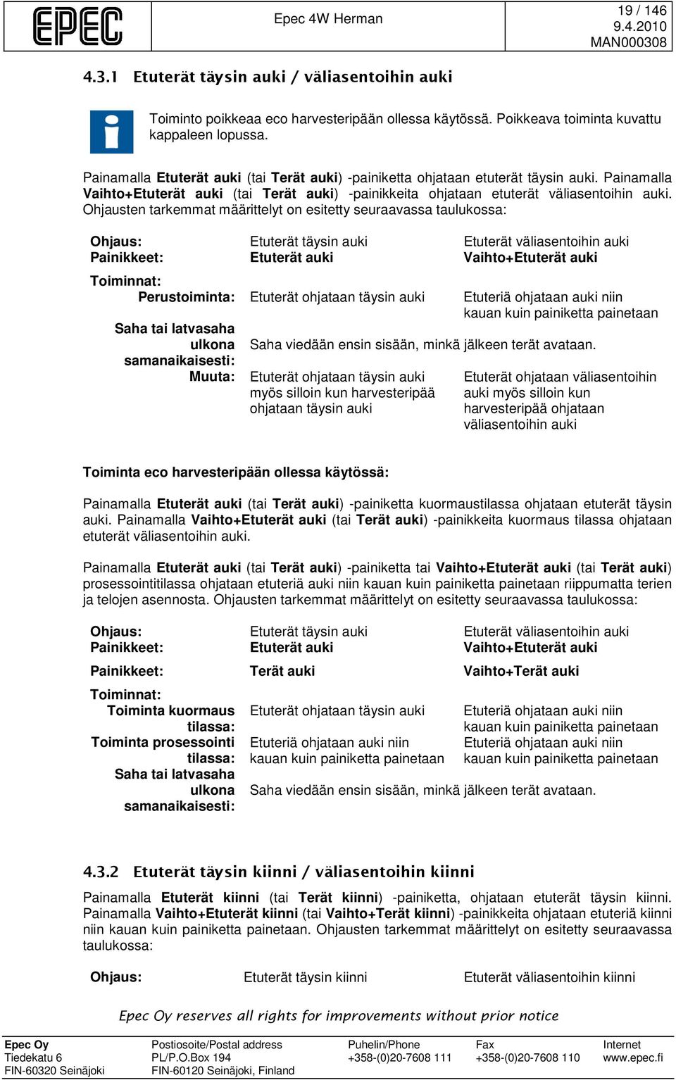 Ohjausten tarkemmat määrittelyt on esitetty seuraavassa taulukossa: Ohjaus: Etuterät täysin auki Etuterät väliasentoihin auki Painikkeet: Etuterät auki Vaihto+Etuterät auki Toiminnat: Perustoiminta: