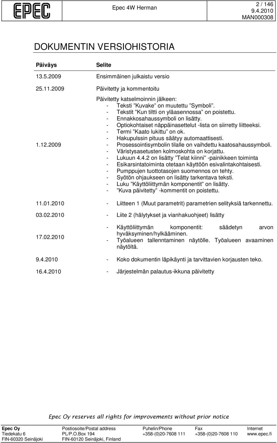 - Optiokohtaiset näppäinasettelut -lista on siirretty liitteeksi. - Termi Kaato lukittu on ok. - Hakupulssin pituus säätyy automaattisesti.