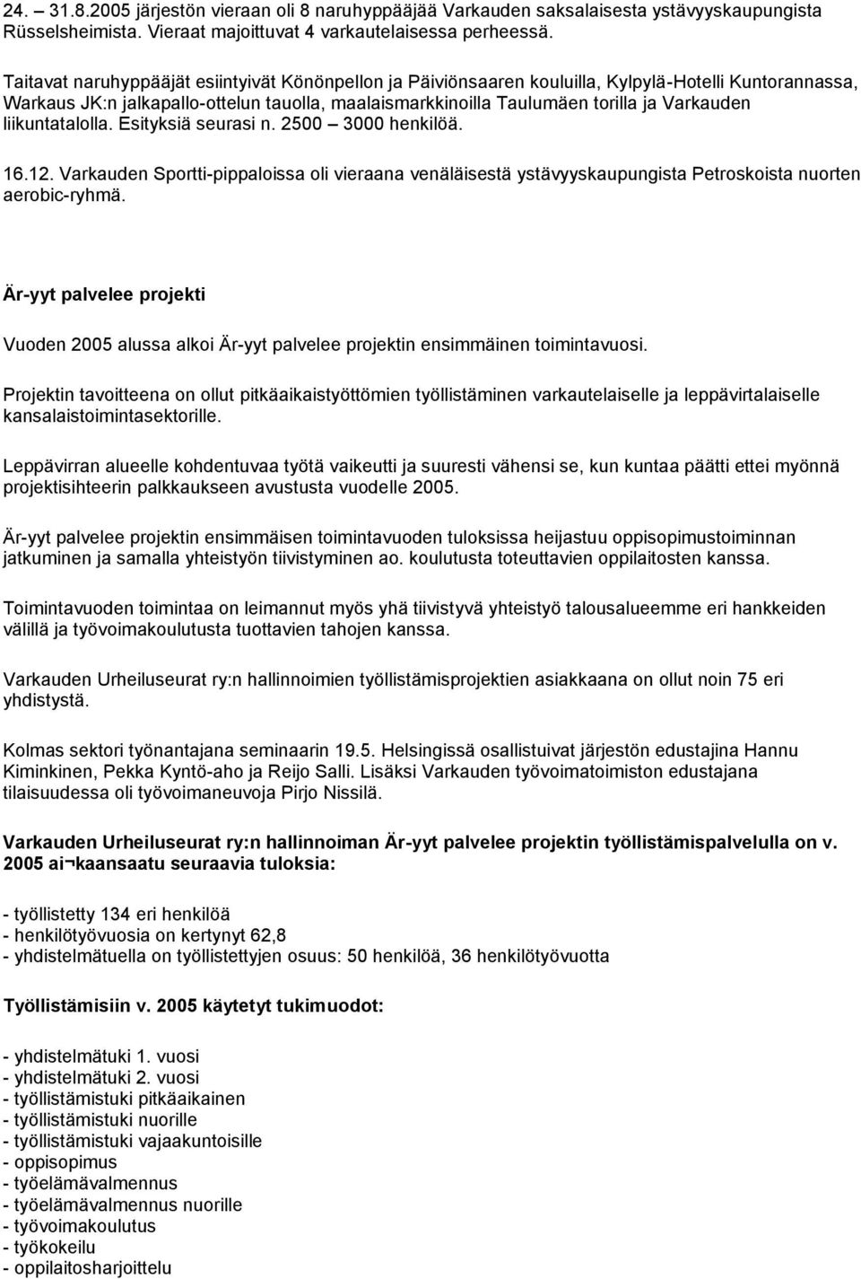 liikuntatalolla. Esityksiä seurasi n. 2500 3000 henkilöä. 16.12. Varkauden Sportti-pippaloissa oli vieraana venäläisestä ystävyyskaupungista Petroskoista nuorten aerobic-ryhmä.