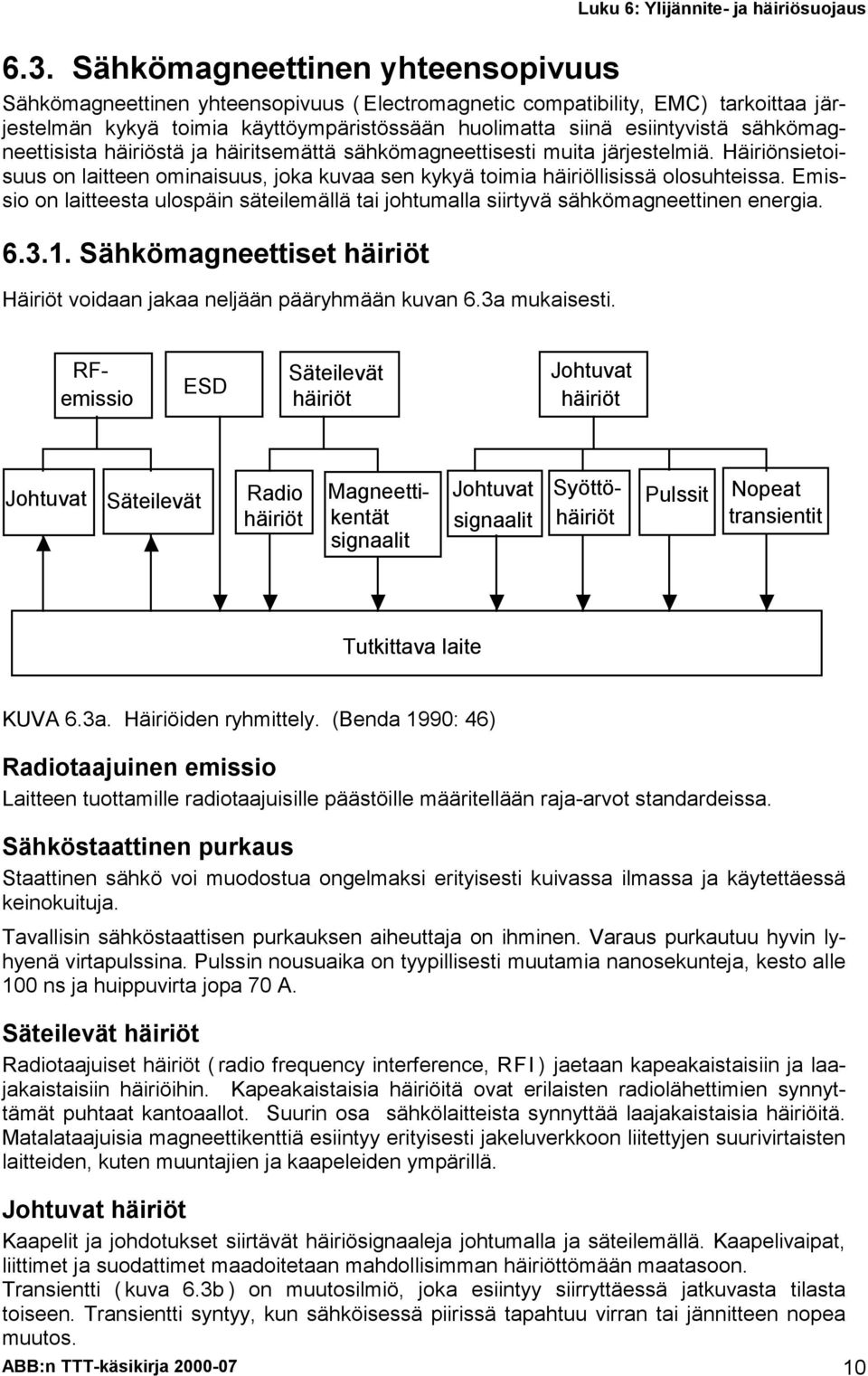 Emissio on laitteesta ulospäin säteilemällä tai johtumalla siirtyvä sähkömagneettinen energia. 6.3.1. Sähkömagneettiset häiriöt Häiriöt voidaan jakaa neljään pääryhmään kuvan 6.3a mukaisesti.