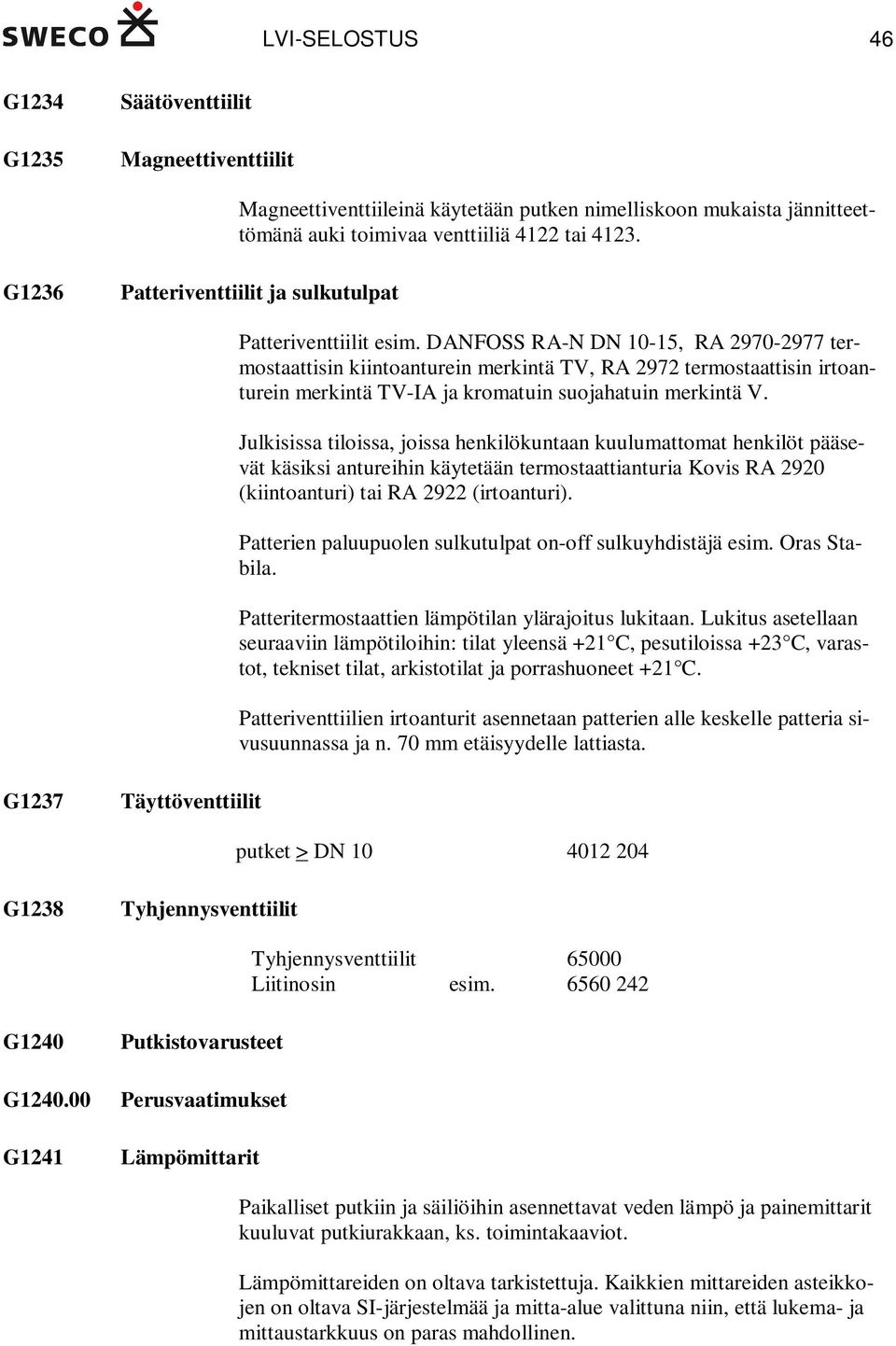 DANFOSS RA-N DN 10-15, RA 2970-2977 termostaattisin kiintoanturein merkintä TV, RA 2972 termostaattisin irtoanturein merkintä TV-IA ja kromatuin suojahatuin merkintä V.