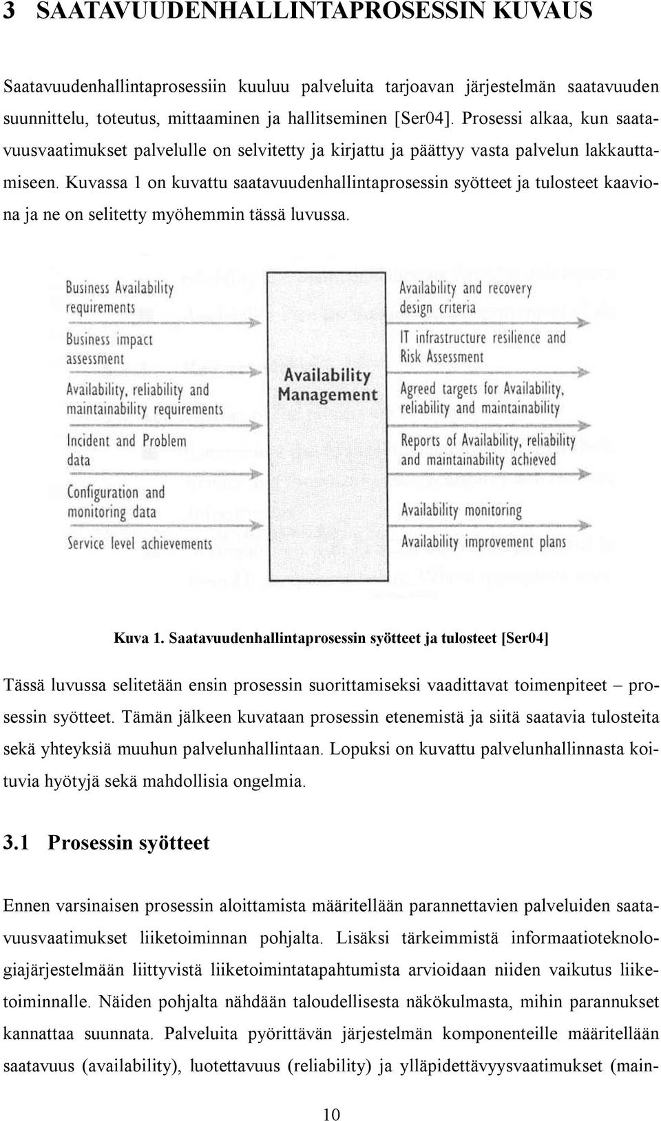 Kuvassa 1 on kuvattu saatavuudenhallintaprosessin syötteet ja tulosteet kaaviona ja ne on selitetty myöhemmin tässä luvussa. Kuva 1.