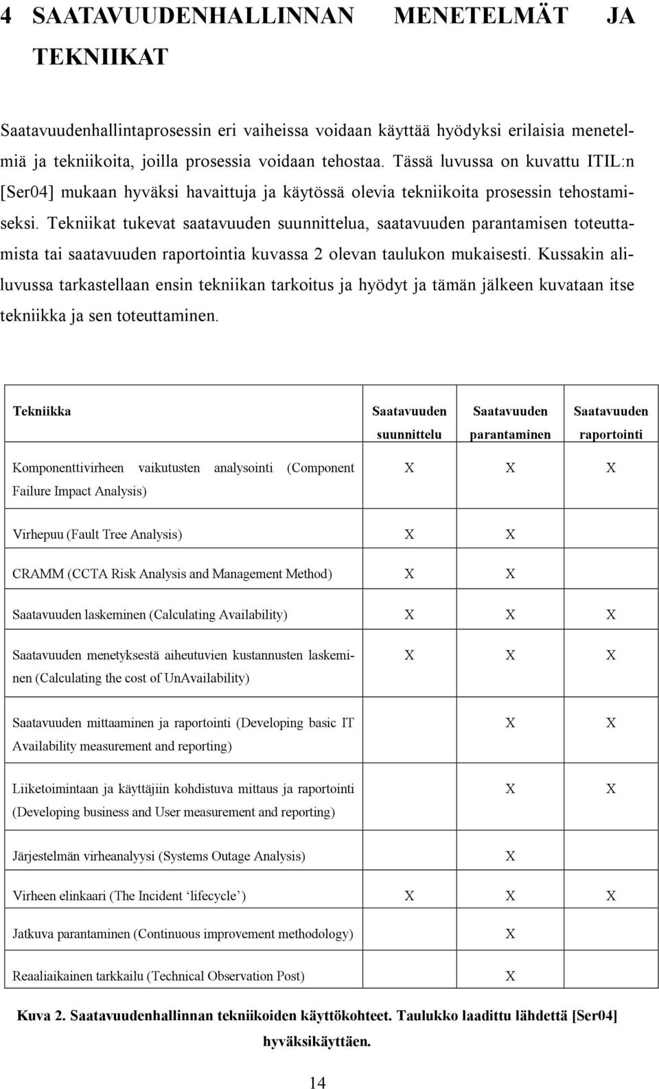 Tekniikat tukevat saatavuuden suunnittelua, saatavuuden parantamisen toteuttamista tai saatavuuden raportointia kuvassa 2 olevan taulukon mukaisesti.