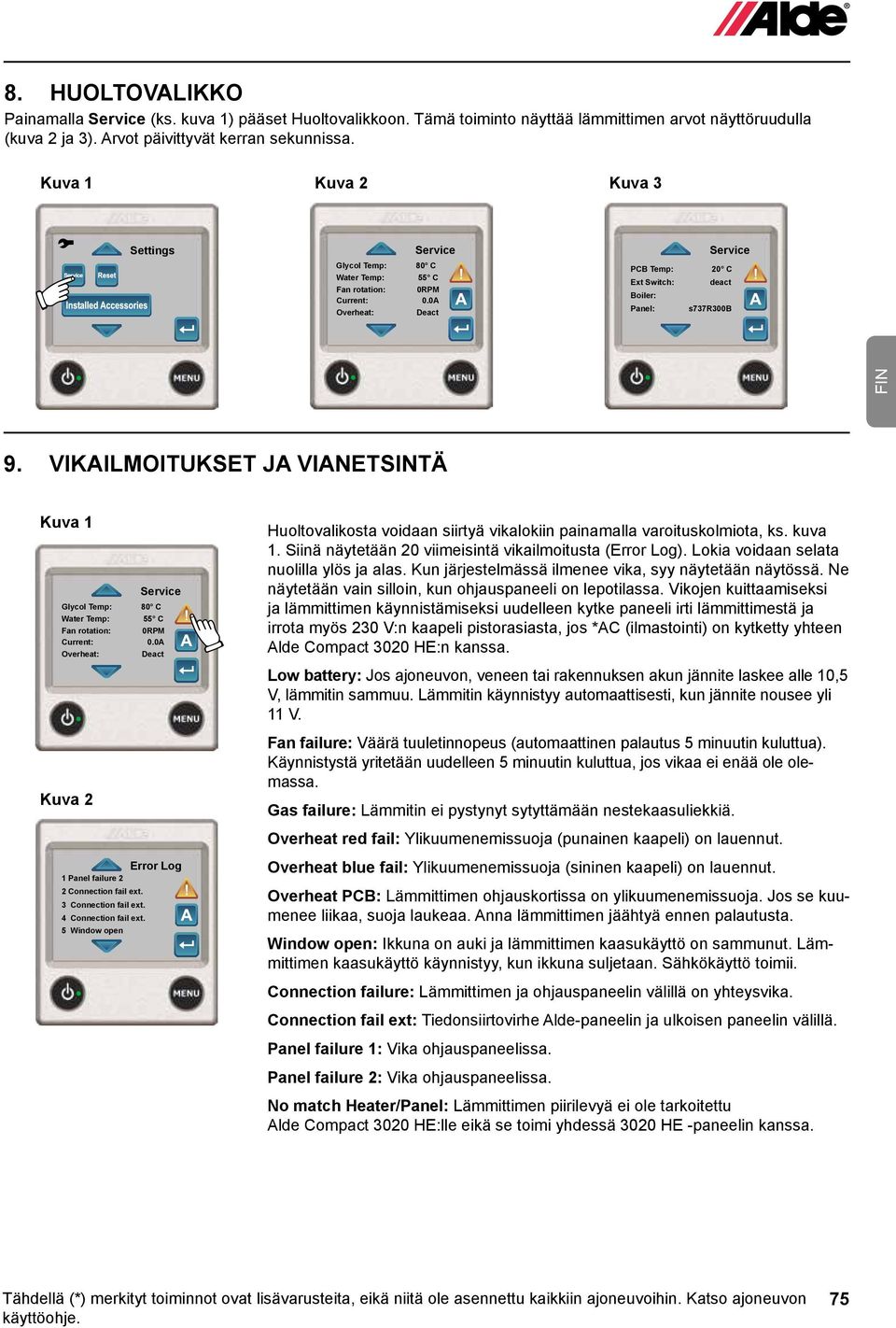 VIKAILMOITUKSET JA VIANETSINTÄ Kuva 1 Service Glycol Temp: 80 C Water Temp: 55 C Fan rotation: 0RPM Current: 0.0A Overheat: Deact Kuva 2 1 Panel failure 2 2 Connection fail ext. 3 Connection fail ext.