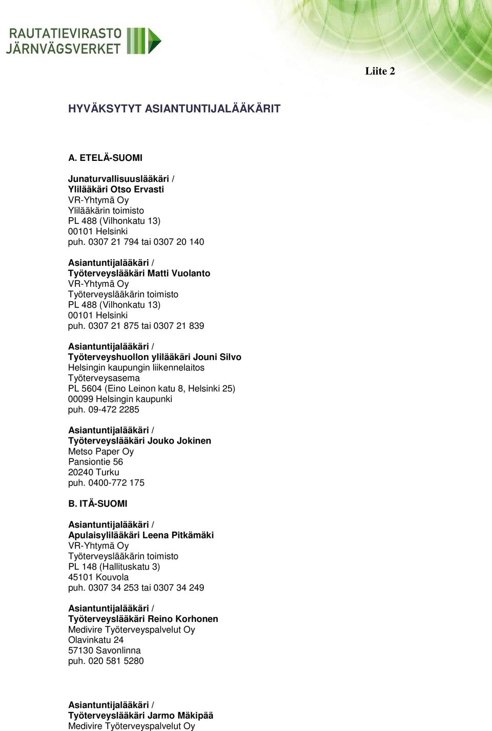 0307 21 875 tai 0307 21 839 Työterveyshuollon ylilääkäri Jouni Silvo Helsingin kaupungin liikennelaitos Työterveysasema PL 5604 (Eino Leinon katu 8, Helsinki 25) 00099 Helsingin kaupunki puh.