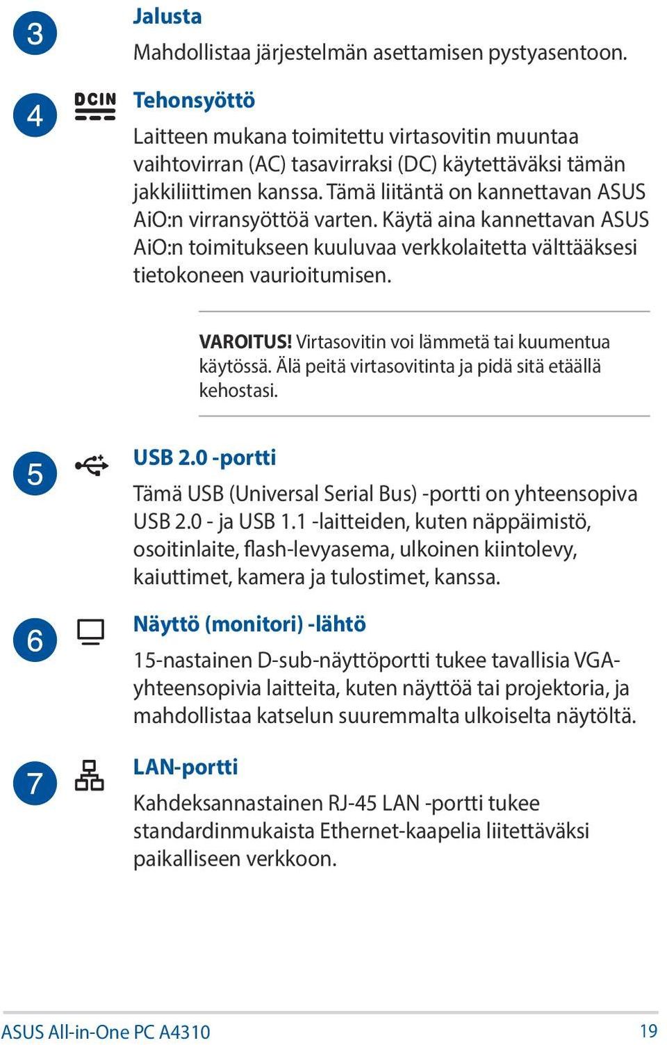 Virtasovitin voi lämmetä tai kuumentua käytössä. Älä peitä virtasovitinta ja pidä sitä etäällä kehostasi. USB 2.0 -portti Tämä USB (Universal Serial Bus) -portti on yhteensopiva USB 2.0 - ja USB 1.