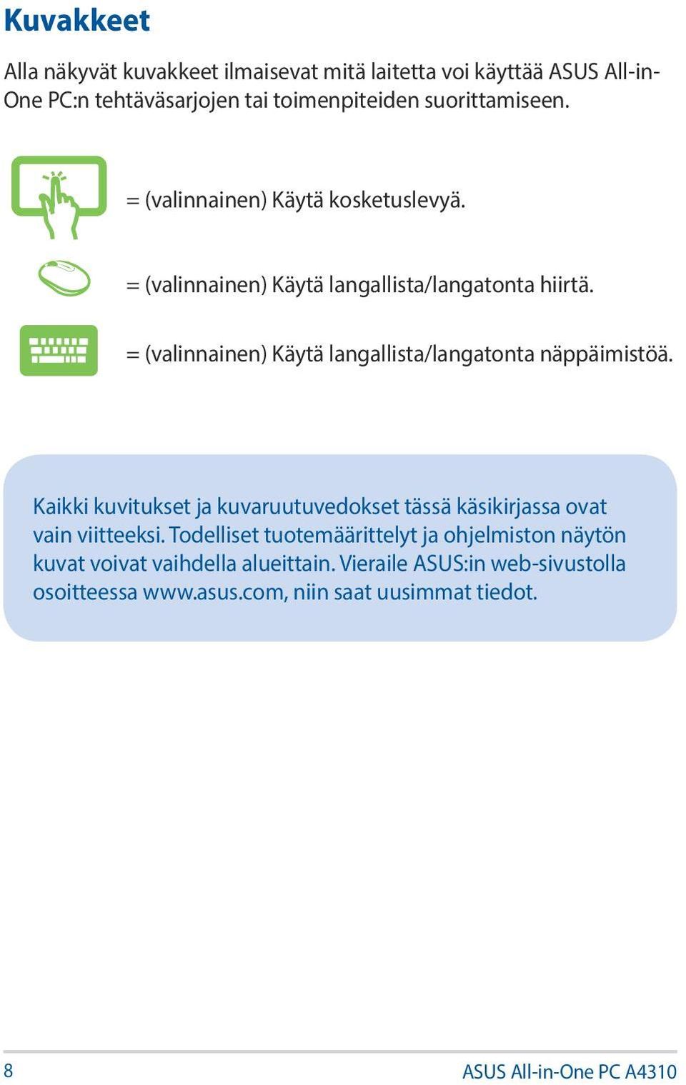 = (valinnainen) Käytä langallista/langatonta näppäimistöä. Kaikki kuvitukset ja kuvaruutuvedokset tässä käsikirjassa ovat vain viitteeksi.